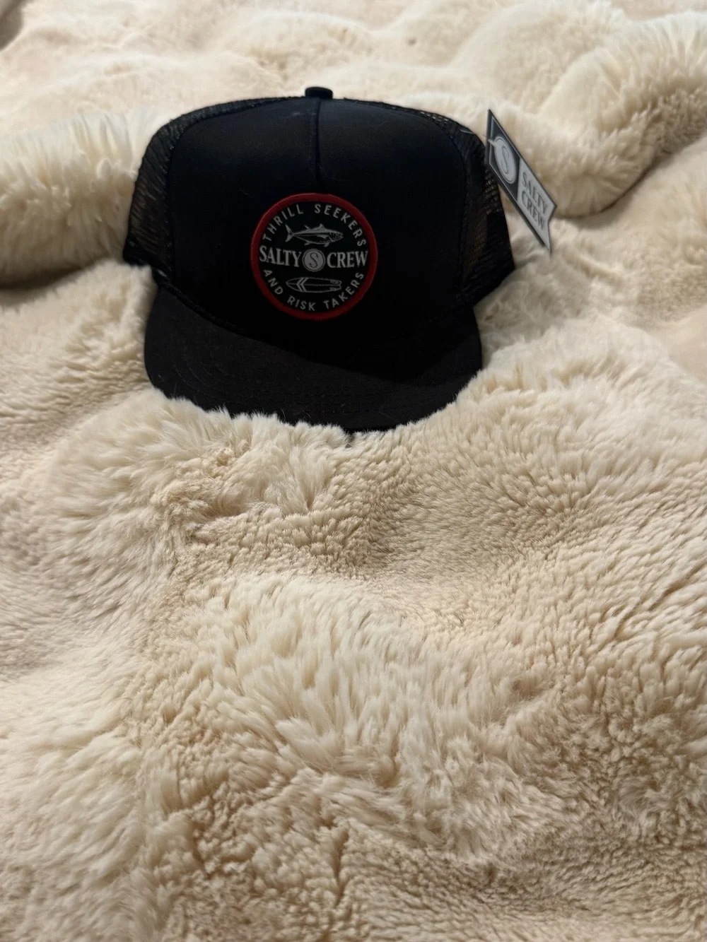 Kids Adjustable Salty Crew Black Trucker Hat with Red Logo Patch. New, not worn.